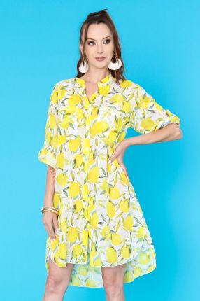 Lemon Print Mandarin Collar Shirt Dress